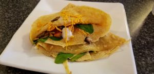 crepe with vegan colby jack, vegan cream cheese, spinach, mushroom, and tomato at For Crepes Sake in Lansing
