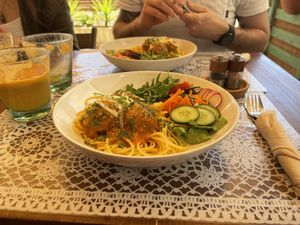 Quinoa and broccoli ball with spaghetti in a tomato and coconut sauce   at PurEssence in Alvor