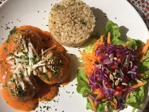 Quinoa balls with coconut sauce, rice and salad at PurEssence in Alvor