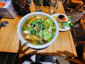 The whole bowl is full of rice noodles with few veggies floating on top at Huong Viet in Footscray