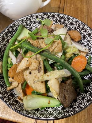 Tofu, greens and faux meat  at Huong Viet in Footscray