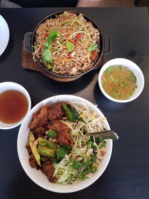 Satay noodle salad and bbq rice in clay pot at Huong Viet in Footscray