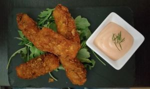 "Chicken-free-Chicken-nuggets" made of tofu I believe. Delicious! at Marsim Bistrobarante in Mallorca