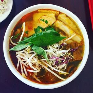 Vegetarian Spicy Bun Hue AKA (Bun Bo Hue). This hot and spicy soup is served with tofu, mock meats (which is made from soy beans) and bean sprouts, red and white cabbages. at Buddha Chay in Toronto
