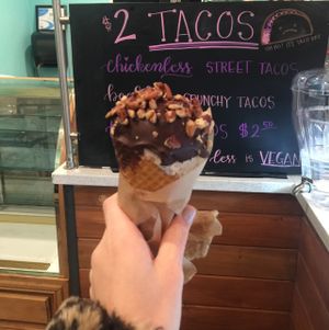 drumstick prototype,  earl grey tea ice cream cinnamon cone with chocolate coating and pecans at Hug Life in Garden Grove