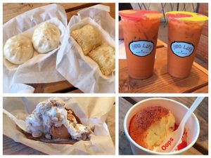 steamed buns, meat pies, Thai iced teas, ice cream taco, and a scoop of mango chamoy  at Hug Life in Garden Grove