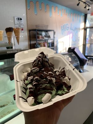 Brownie a La Mode with Green Goblin and I believe Rocky Road. Marshmallow and chocolate shell toppings. at Hug Life in Garden Grove