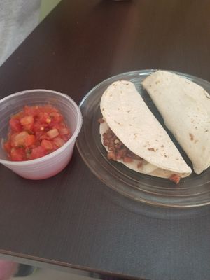 Fresh salsa, soy chorizo quesadilla, mushroom quesadilla at Bliss Tienda Vegana in Mazatlan