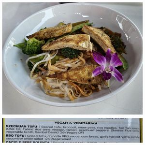 Szechuan Tofu. Great noodles. Sauce tasty. Very spicy! at Boat House Bistro in Boothbay Harbor