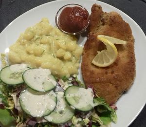 Seitan Schnitzel with bavarian potato salad  at AVeganTisch in Neunkirchen Am Sand