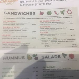 menu at Chickpeas in Ottawa