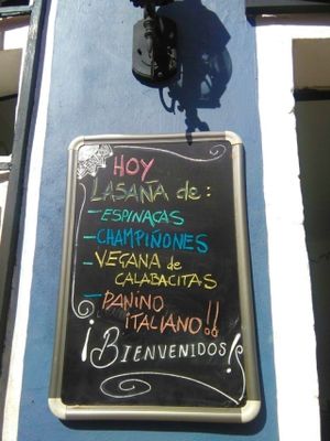 today's menu, vegan lasagna! at Cafe Del Professor Pitagoras in Merida
