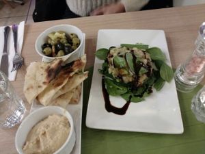 Smoked aubergine and avocado, plus hummous pitta and olives at Vegan Express in South West London