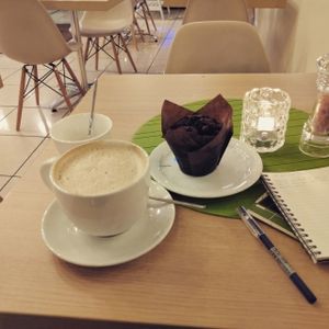 Soy cappuccino and double chocolate muffin at Vegan Express in South West London