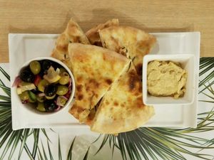 toast with hummus and olives at Vegan Express in South West London