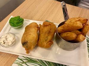 Tofufish .... not really healthy but good at Vegan Express in South West London