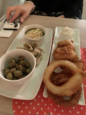 Humous, flatbread & olives / onion rings and mayo at Vegan Express in South West London