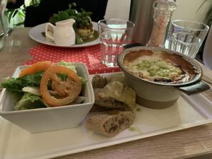 Lasagne and home made garlic bread at Vegan Express in South West London