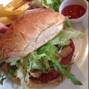 Vegan burger: bean pattie, tofu strips, tofu aioli deliciousness at Life Organic Health Cafe in Hong Kong Island