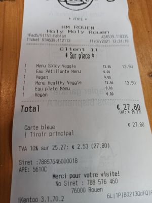 The bill at Holy Moly in Rouen