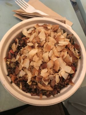 Rice with roasted pineapple, red peppers and coconut flakes at Pure Ktchn in New York City