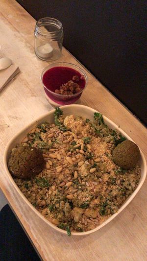 Italian Pesto Bowl (+ two baked falafel) and Pink Dragon Cheesecake. at Pure Ktchn in New York City