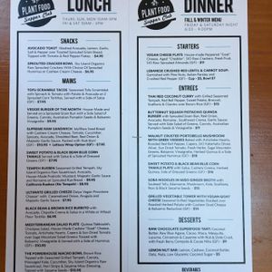 lunch and dinner menus at Plant Food Supper Club in Idyllwild