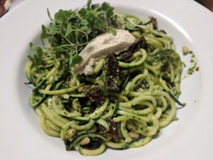 pesto zucchini noodles (dinner menu) at Plant Food Supper Club in Idyllwild