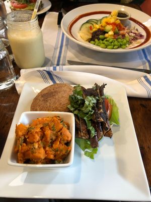 Portobello burger & Morrocan sweet taters at Plant Food Supper Club in Idyllwild