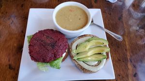 Beet Falafel Burger at Plant Food Supper Club in Idyllwild