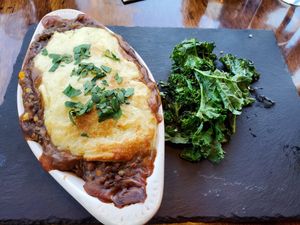 Shepherd's Pie with garlic, lemon kale at Plant Food Supper Club in Idyllwild