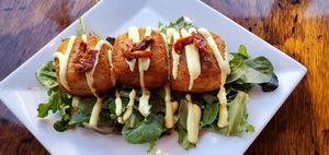 Potato & Artichoke Croquettes. Garlic Lemon Aioli was wonderful. at Plant Food Supper Club in Idyllwild