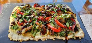 Roasted Veggie Flatbread. Generous portion, could share if we hadn't been on the trail all morning. at Plant Food Supper Club in Idyllwild