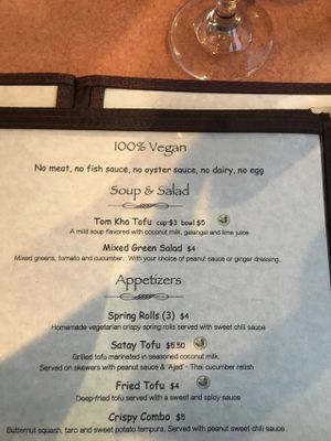 separate vegan menu at Tiny Thai Restaurant in Winooski
