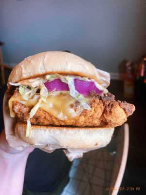Fried chicken sandwich with Gouda at The Southern V in Nashville