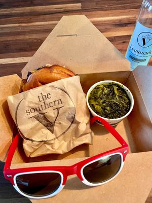 Rodeo Burger & turnip greens   at The Southern V in Nashville
