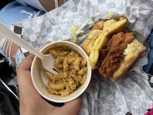 Chicken Biscuit with smoked Gouda and a side of Mac n cheese  at The Southern V in Nashville