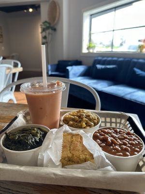 Veggie sampler with cornbread, and a smoothie    at The Southern V in Nashville
