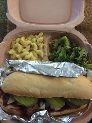 BBQ Rib Sammich, Broccoli, and Mac and Cheese  at The Southern V in Nashville