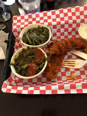 Hot chik’n strips and greens! Yum!  at The Southern V in Nashville