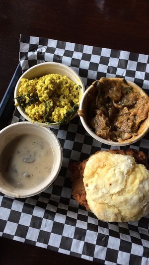 Vegan chick'n biscuit and gravy.  Side of veggie scramble and potato casserole  at The Southern V in Nashville