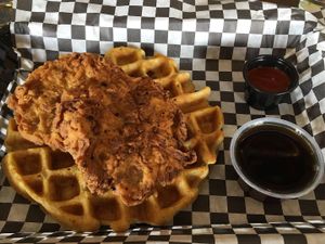 waffle wednesday chick’n & waffle w/ nashville hot sauce on the side  at The Southern V in Nashville