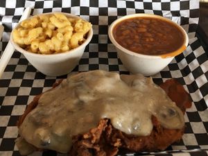 chick’n fried chick’n (mushroom gravy) w/ baked beans & mac n cheese  at The Southern V in Nashville