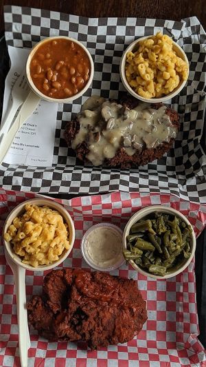 "Chicken" fried "chicken" and the Nashville hot "Chicken". at The Southern V in Nashville