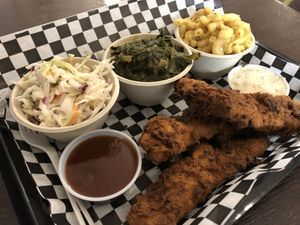 Chick’n plate with 3 sides and 2 sauces.  at The Southern V in Nashville