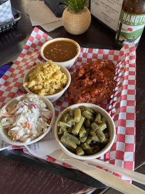 Hot chicken, cole slaw, mac and cheese, baked beans, green beans  at The Southern V in Nashville