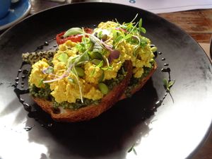 scrambled tofu, pesto, sourdough at Punnet Eatery in Hamilton