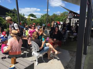 Outdoor seating by the kids playground. Can get very busy on sunny weekend days at Punnet Eatery in Hamilton