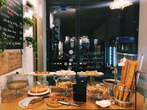 Homemade cakes and quiche and some samples to try the sandwiches and sauces at Giorgio Lombardi in Berlin