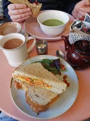 Pea and mint soup and toastie and a vegan cheese toastie at Nibble Cafe in Manchester